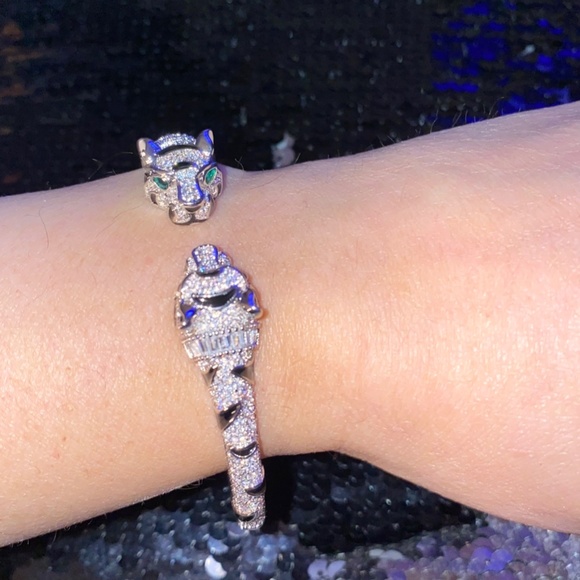 New Genevive Rhodium Plated Panther Fauna Bracelet with Striped Black Inlaid - Picture 3 of 6